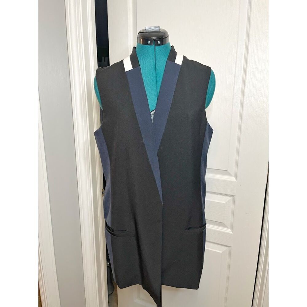 Elevenses Open Front Color Block Sleeveless Tailored Lined Pocket Tuxedo Vest
